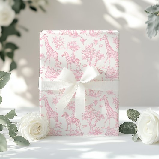 Papier Cadeau Toile de Jouy Safari animaux rose vif élégant