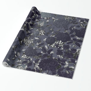Papier Cadeau Toile floral vintage moderne blanc argenté noir