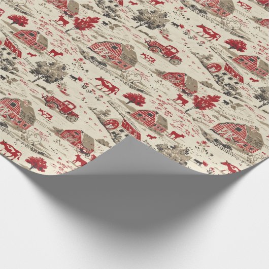 Papier Cadeau Toile Rouge & Crème D'Un Pays Vache Rouge Grange (Coin)