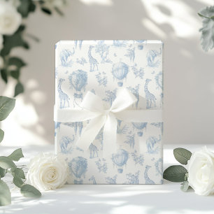 Papier Cadeau Toile Safari animaux Bleu Ballons à air chaud
