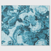 Papier Cadeau Toile Turquoise de fleurs blanches noires et bleue (Plat)