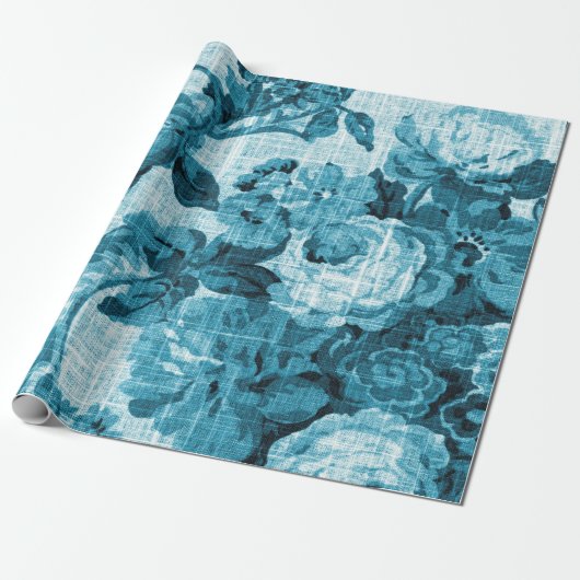Papier Cadeau Toile Turquoise de fleurs blanches noires et bleue (Déroulé)