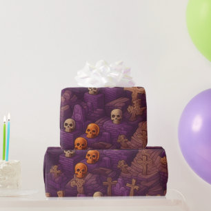 Papier Cadeau Tombes violettes Crânes argent Bronze Halloween