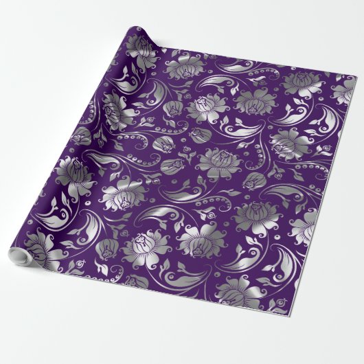 Papier Cadeau Tons Argent Motif Floral Purple Arrière - plan (Déroulé)