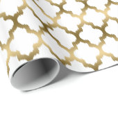 Papier Cadeau Tons Blanc Et Or Ikat Quatrefoil Motif (Coin rond)