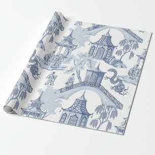 Papier Cadeau Tons de la Pagode Bleue Chinoiserie Motif