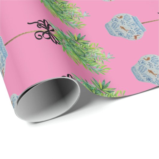 Papier Cadeau Topiacés bleus et blancs Ginger Jar (Coin rond)