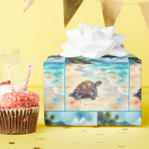 Papier Cadeau Tortue de mer à l'aquarelle sur une plage