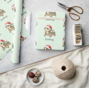 Papier Cadeau Tortue de Noël à chapeau de Père Noël aquarelle pe