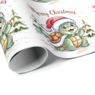 Papier Cadeau Tortue de Noël moderne et branchée à Santa Hat