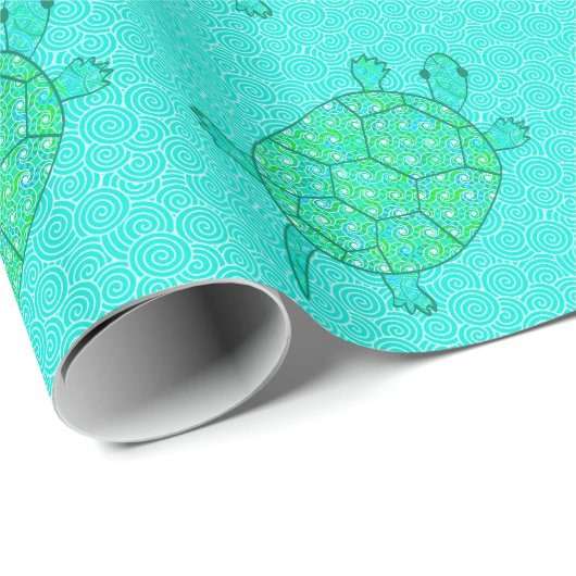 Papier Cadeau Tortue tourbée arabesque - nuances de vert (Coin rond)