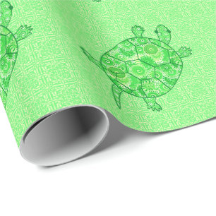 Papier Cadeau Tortue tourbée fractale - chaux et vert émeraude