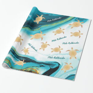 Papier Cadeau Tortues de mer d'or Encre Turquoise Mele Kalikimak
