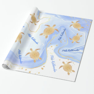 Papier Cadeau Tortues d'or bleu   Mele Kalikimaka   Noël