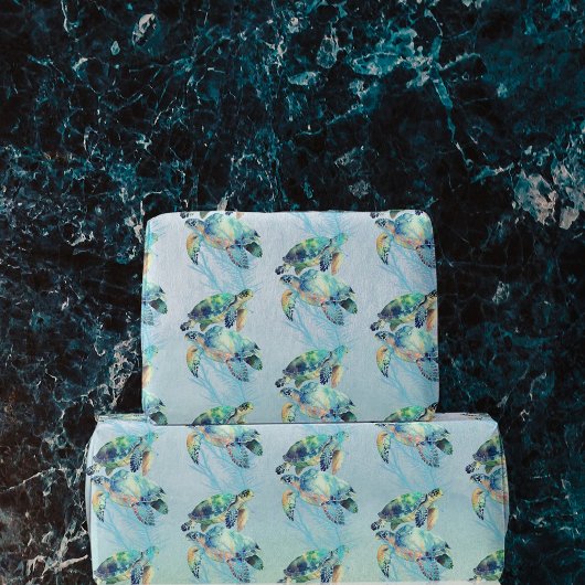 Papier Cadeau Tortues rêvées nager dans l'aquarelle Look mer