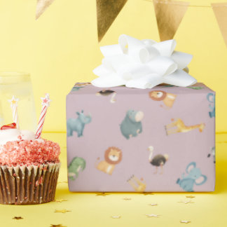 Papier Cadeau Tossed African Animals on Dusty Pink