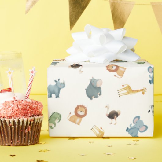 Papier Cadeau Tossed African Animals on Off-White (Fête d'anniversaire)