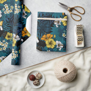 Papier Cadeau Toucans et flore tropicale, bleu, jaune, orange