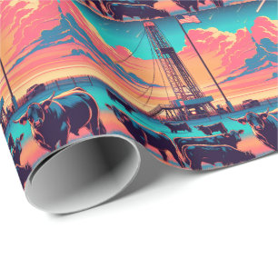 Papier Cadeau Tour rig pétrolier au coucher du soleil Bétail et