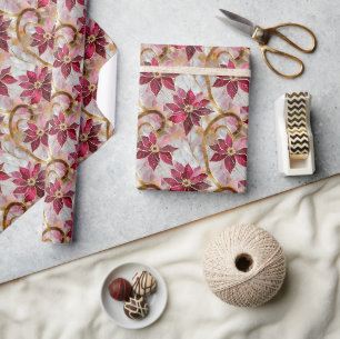 Papier Cadeau Tourbillons dorés Bourgogne Rose Poinsettias de No