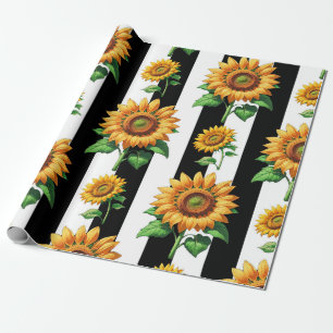 Papier Cadeau Tournesol Floral noir blanc rayures
