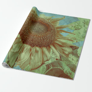 Papier Cadeau Tournesol géant Turquoise vert jaune antique Vint