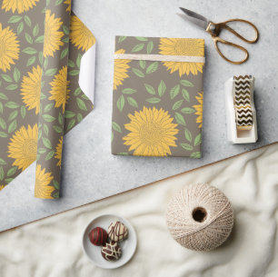 Papier Cadeau Tournesol Jaune Vert Gris Floral