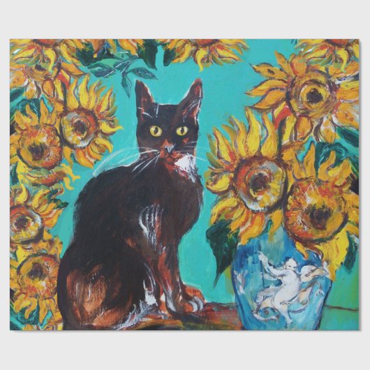 PAPIER CADEAU TOURNESOLS AVEC CHAT NOIR EN BLEU TURQUOISE (Plat)