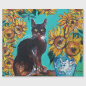 PAPIER CADEAU TOURNESOLS AVEC CHAT NOIR EN TURQUOISE BLEU (Plat)