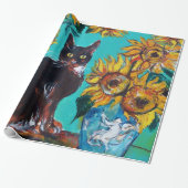PAPIER CADEAU TOURNESOLS AVEC CHAT NOIR EN TURQUOISE BLEU (Déroulé)