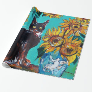 PAPIER CADEAU TOURNESOLS AVEC CHAT NOIR EN TURQUOISE BLEU