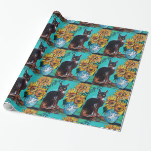 PAPIER CADEAU TOURNESOLS AVEC CHAT NOIR EN TURQUOISE BLEU
