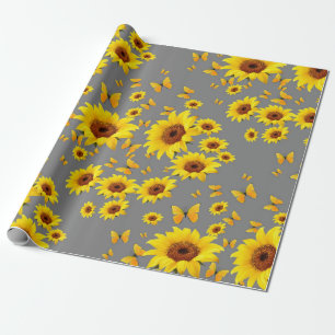 PAPIER CADEAU TOURNESOLS JAUNES D'AMOUR DE PAPILLONS