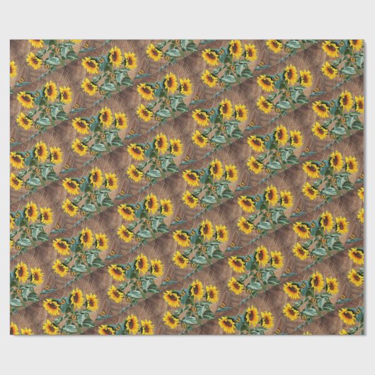 Papier Cadeau Tournesols Papillons Planche de Grange Rustique (Plat)