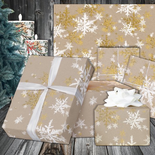 Papier Cadeau Tourteaux de neige rustiques en or et blanc Kraft