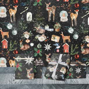 Papier Cadeau Tout Noël Reindeer Holly Stars Black