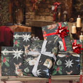 Papier Cadeau Tout Noël Reindeer Holly Stars Black