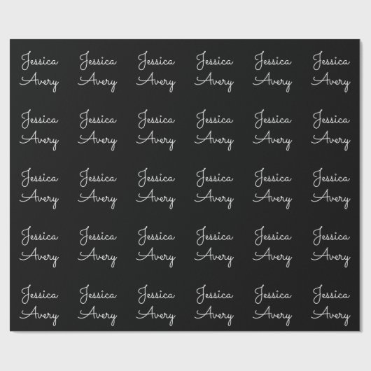 Papier Cadeau Tout nom | Script blanc modifiable Cool sur noir (Plat)