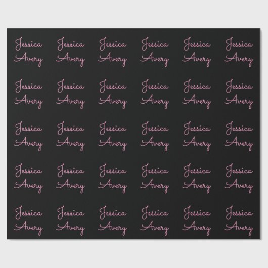 Papier Cadeau Tout nom | Script rose modifiable Cool sur noir (Plat)