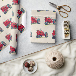 Papier Cadeau Tracteur de ferme rouge rétro