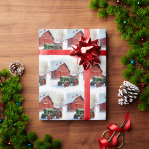 Papier Cadeau Tracteur de ferme vert de Noël et grange rouge