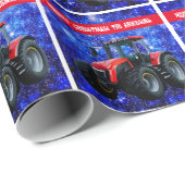 Papier Cadeau Tracteur rouge moderne sur bleu (Coin rond)