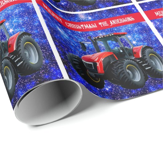 Papier Cadeau Tracteur rouge moderne sur bleu (Coin rond)