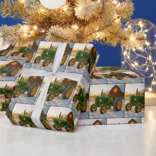 Papier Cadeau Tracteur vert de Noël avec lumières clignotantes