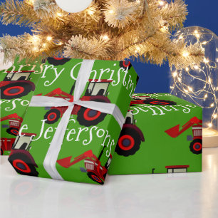 Papier Cadeau Tracteurs rouges de ferme sur Noël vert