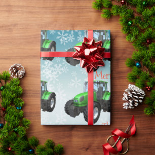 Papier Cadeau Tracteurs verts de ferme sur le Noël bleu