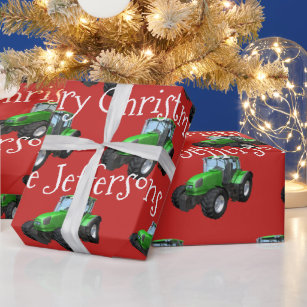 Papier Cadeau Tracteurs verts de ferme sur Noël rouge