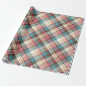 Papier Cadeau Traditionnel Noël Plaid Bleu Brown Rouge Motif (Déroulé)