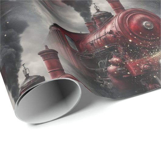 Papier Cadeau Train à vapeur de Noël rouge (Coin rond)