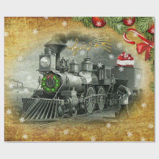 Papier Cadeau Train à vapeur de Noël Vintage (Plat)
